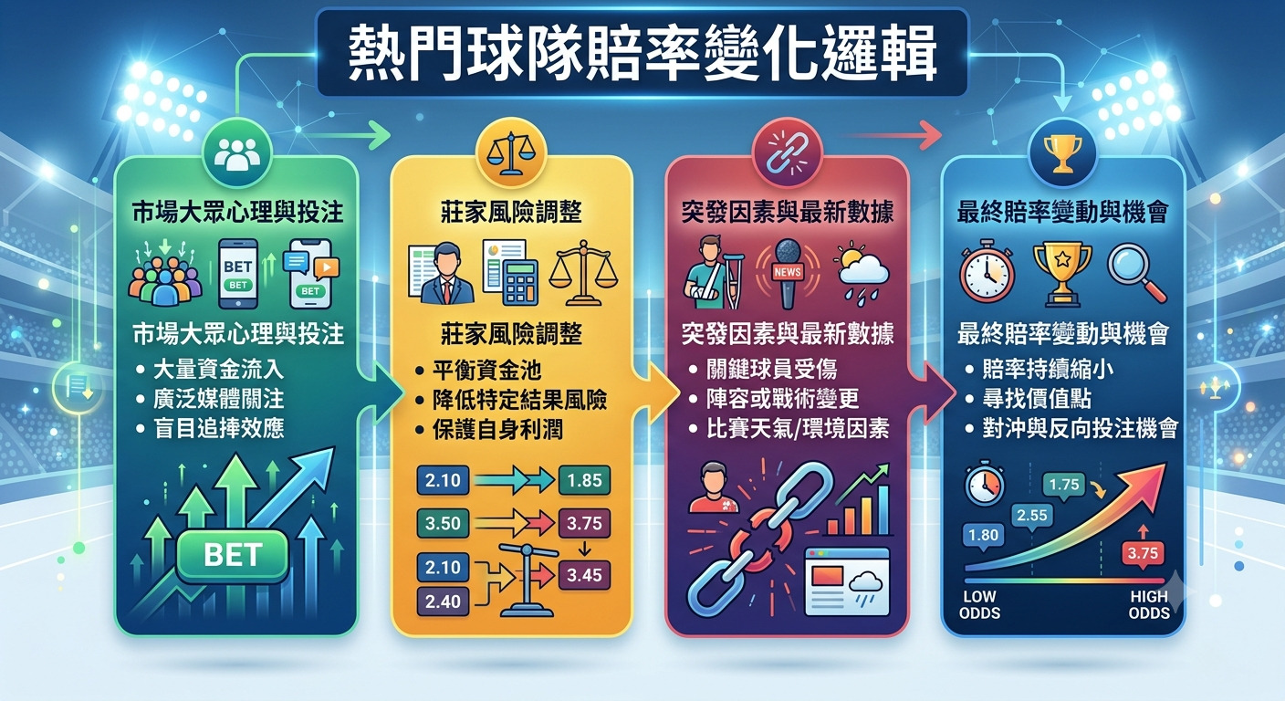 這張圖表以「熱門球隊賠率變化邏輯」為題,透過流程圖詳細解析了從大眾投注、莊家風險調整、突發因素影響到最終賠率變動的四個關鍵階段。 圖中以專業且直觀的視覺設計,展示了體育博彩賠率如何因資金流向與市場資訊而動態調整的運作機制。
