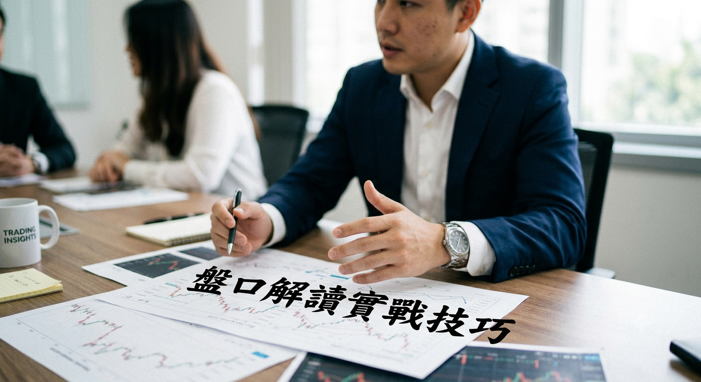 這是一張關於金融市場交易與數據分析的專業形象照,呈現了專業人士在會議中深入討論投資策略的場景。 影像中心顯著展示了「盤口解讀實戰技巧」的標題,象徵著對市場數據與成交動態進行精確解讀的核心專業能力。