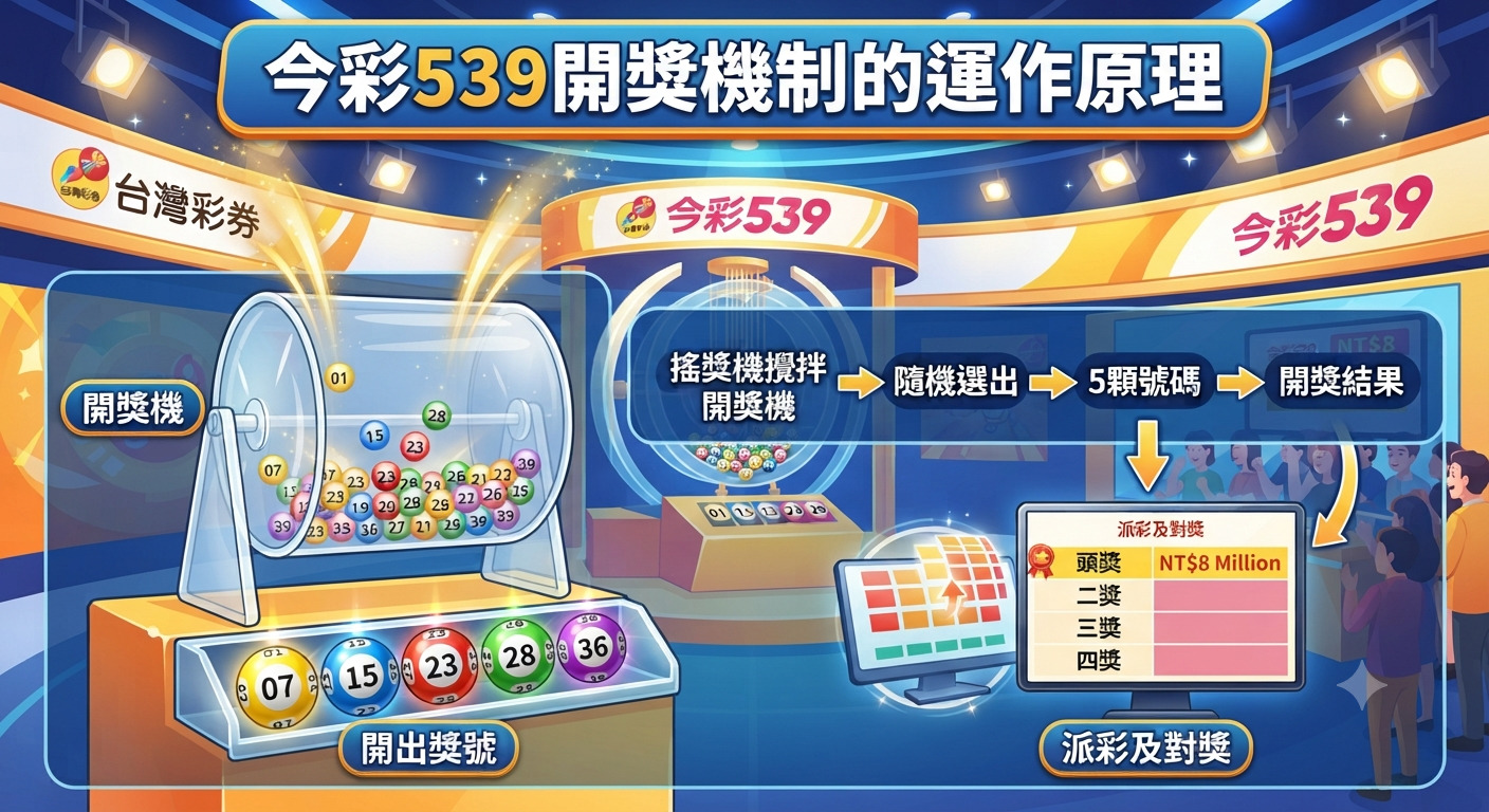 這張圖片展示了台灣彩券「今彩539」的開獎機制與運作流程。 畫面中詳細描繪了從搖獎機攪拌球體、隨機開出5顆號碼,到最後進行派彩對獎的完整步驟。