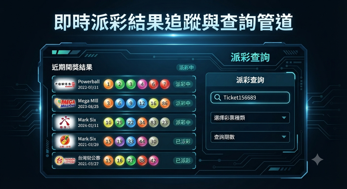 這是一張以「即時派彩結果追蹤與查詢管道」為主題的科技風格圖片。 畫面上方展示了醒目的標題,下方則呈現包含彩球結果與查詢介面的數據儀表板。