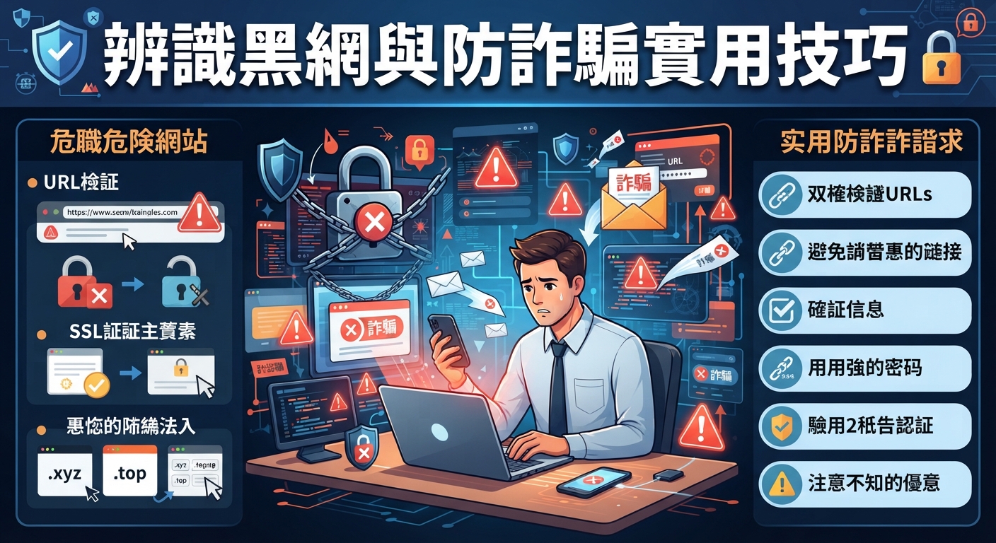 這裡是一張關於防範詐騙與識別網路陷阱的插圖,畫面中顯示了相關的安全標誌及防詐技巧提示。