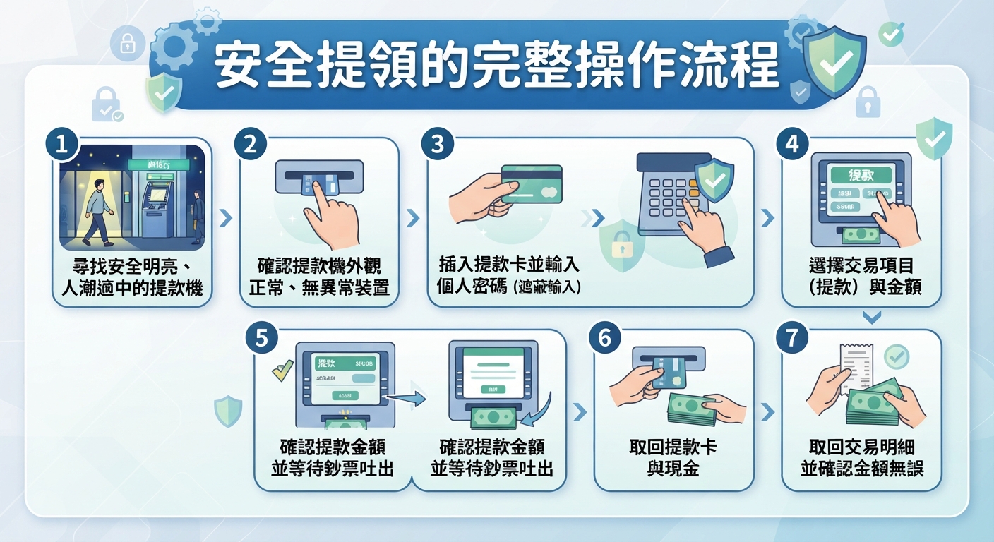 這張圖片展示了安全提領的完整操作流程,包含從尋找明亮提款機、確認外觀到取回現金與明細的七個步驟。 整體設計採用藍色為主調,搭配清晰的圖示與編號,方便民眾快速理解安全提款的正確方式。